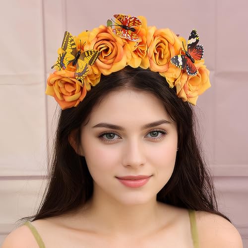 Mexican Rose Flower Crown Headband - Butterfly 1 Orange Elastic