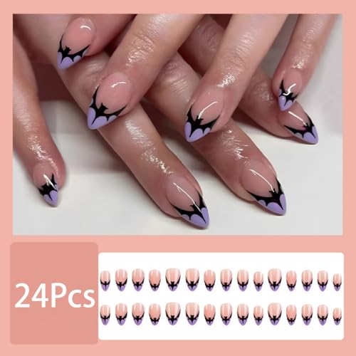Halloween Design 13 Short French Tip Fake Nails with Glue - Black Bat Nude Acrylic Manicure Tips for Women DIY Party & Holiday, 24Pcs