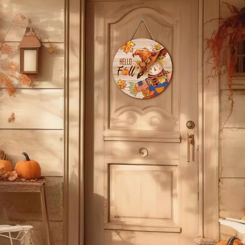 Hello Fall Scarecrow Wooden Door Sign - Autumn Decor 12x12
