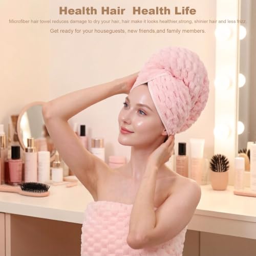 Super Absorbent Hair Towel 2-Pack: 24x42in Light Grey & Pink Microfiber Hair Wrap for Women