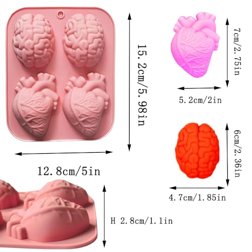 4-Piece Silicone Heart and Brain Molds for Halloween Desserts