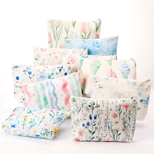 10-Pack Candy Canvas Makeup Bags for Women - Floral Cosmetic Pouches