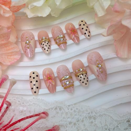 24Pcs Pink Flower Press-On Nails with 3D Gems & French Tips