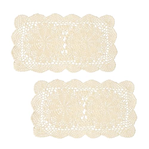 Handmade Crochet Cotton Doilies - Rectangular Table Placemats (Set of 2, 10 x 17 inch, Beige)