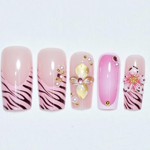 Pink Long Square Press On Nails with 3D Flower Design - 24pcs