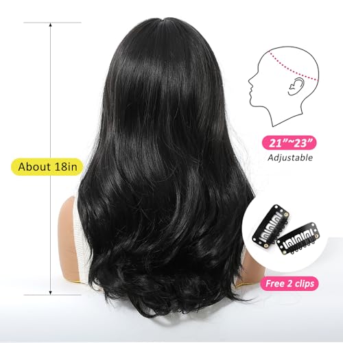 OUFEI Black Wig with Curtain Bangs - Natural Straight Curly Synthetic Hair (1291-4)
