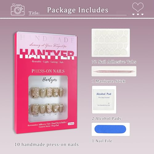 Hantyer Press On Nails Short Coffin Cat Eye 3D Floral Pearl Tea – Size M, Reusable