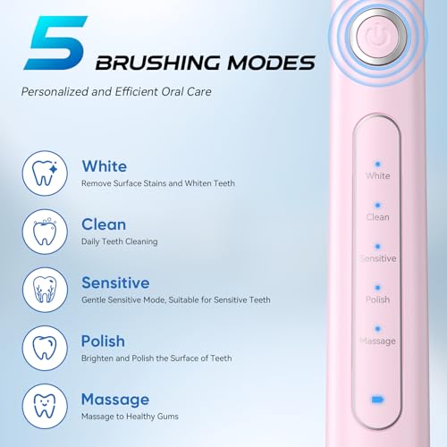 YUNCHI Pink Electric Toothbrush - 5 Modes, 40,000 VPM, 8 DuPont Heads, IPX7, 30-Day Battery, 2-Min Timer, Travel Case