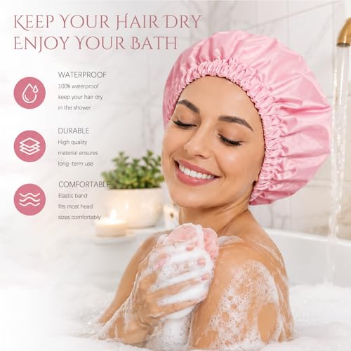Pink Satin Lined Waterproof Shower Cap for Women - Extra Large, Reusable, Anti-Frizz Hair Protector
