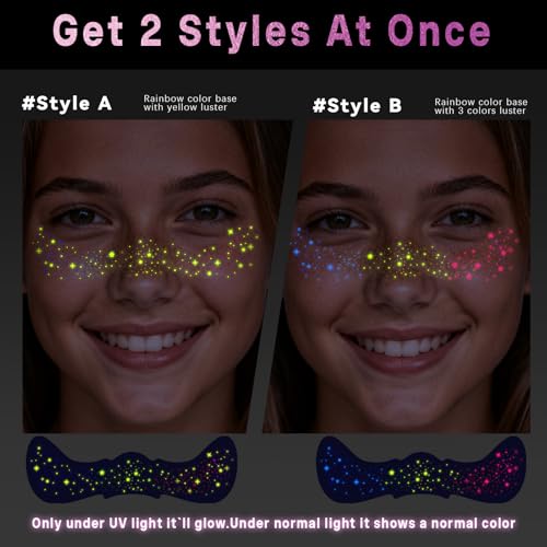 Noerrors 12pcs Glow in the Dark Rainbow Freckles Stickers Set C - UV Reactive Temporary Makeup
