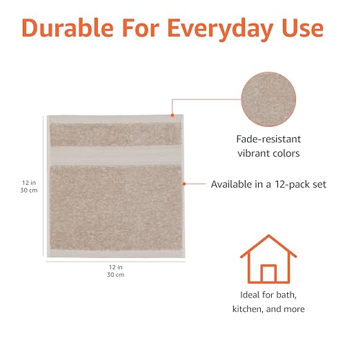 Amazon Basics 12-Pack 100% Cotton Washcloths, 12x12, Taupe