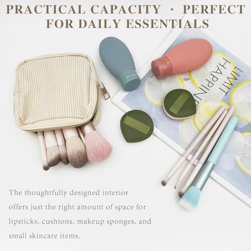 Beige Mini Corduroy Makeup Bag with Zipper and Pockets