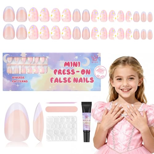 QIEK Kids Press On Nails French Purple Flower - 16 Sizes, Safe & Non-Toxic