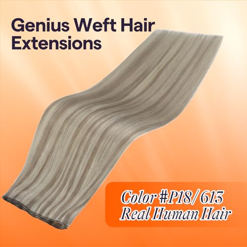 Full Shine 22 Inch Human Hair Weft Sew In Hair Extensions Real Human Hair Hand Tied Hair Extensions Color Ash Blonde Highlight Bleach Blonde Bundles Straight Human Hair 60G