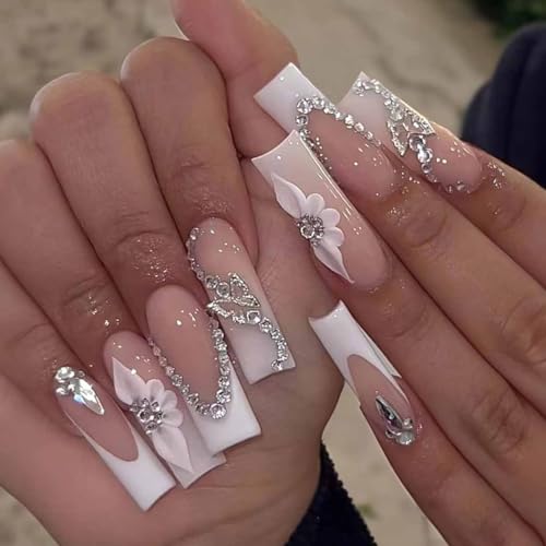 RikView Long White French Tip Press-On Nails with 3D Flowers, 24 pcs