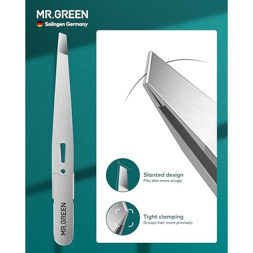 MR.GREEN Tweezers,Professional Precision Eyebrow Tweezers for Women and Men, Tweezers for Facial Hair Women, Stainless Steel Slanted Hair Removal Tweezers, Eyebrow Plucker, Ingrown hair tweezers