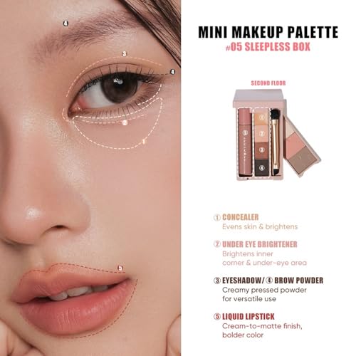 JUDYDOLL Portable Makeup Palette - All-in-One Face Makeup Kit, Contour & Highlighter for Warm & Cool Skin Tones, Travel-Friendly Cosmetic Palette (05 Sleepless Box (with Liquid Lipstick))