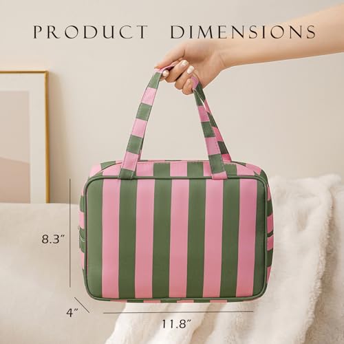 Large Stripe Travel Cosmetic Bag with Handle - Green Pink Variation