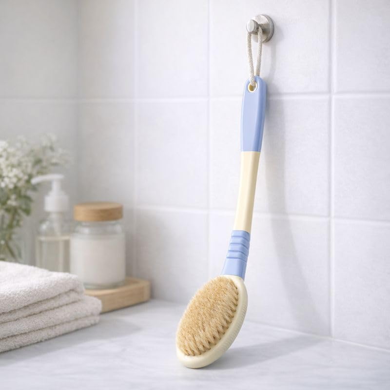 Japanese Back Scrubber with Natural Boar Bristles - Flexible Long Handle Body Brush for Showering