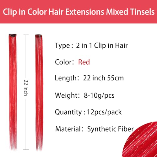 EXTACIO Red Clip-in Hair Extensions 22 Inch Rainbow Highlights with Silver Tinsels