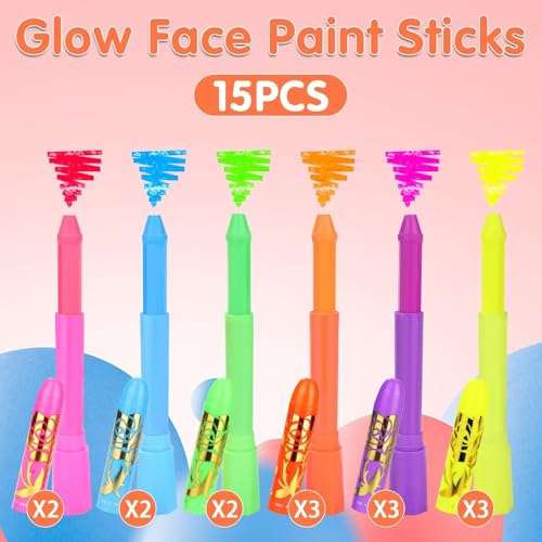 15PCS Neon UV Body & Face Paint Kit for Kids & Adults, Black Light Party Makeup