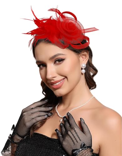 Red Fascinators Hats for Women Tea Party & Wedding Headwear - WOVOWOVO