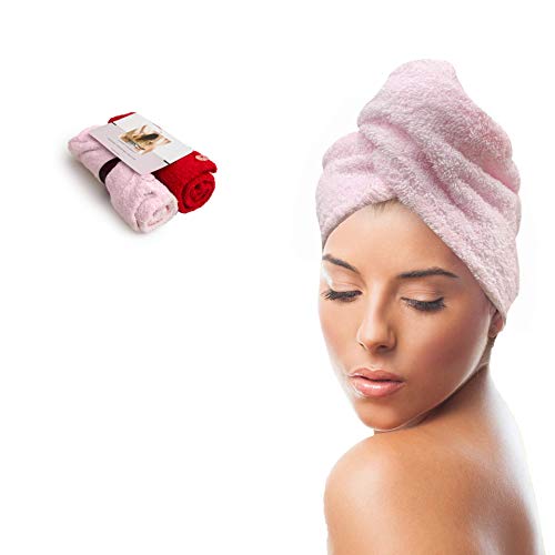 KEEPOZ Hair Towel Wrap - Quick Dry 100% Cotton Turban (Pink+Red, 2 Pcs)