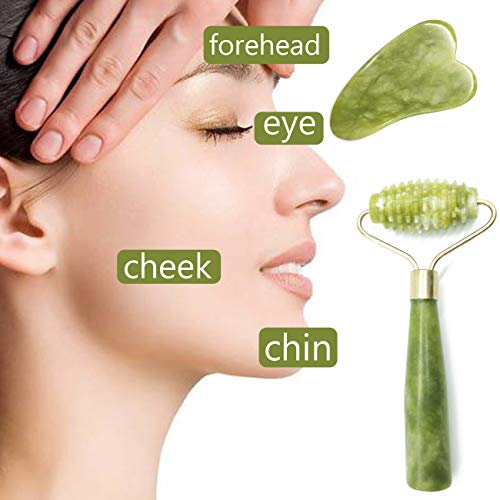 TIHOOD 6-Piece Natural Jade Roller and Gua Sha Facial Massage Tool Set