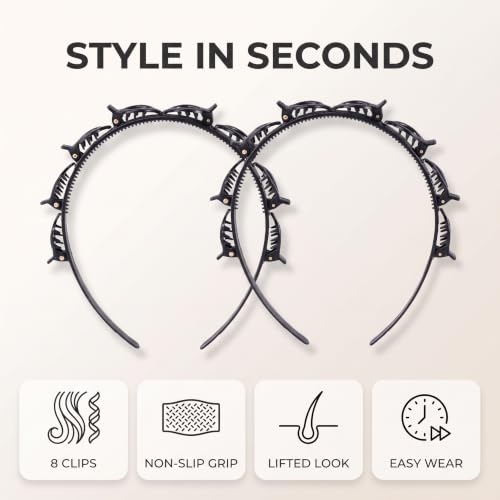 2 Pcs Double Bangs Hairstyle Headbands with Clips - Black & Brown