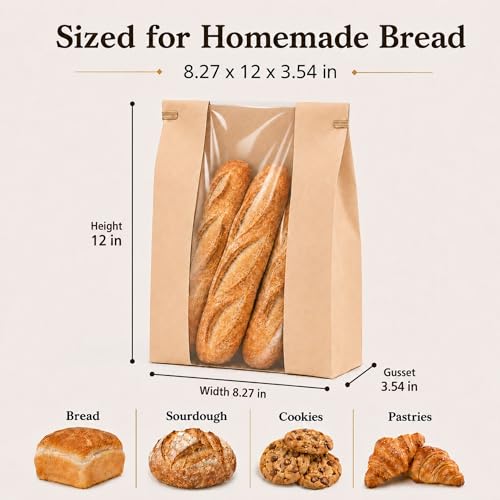 NPLUX 50-Pack Kraft Paper Bread Bags with Clear Window & Tin Tie