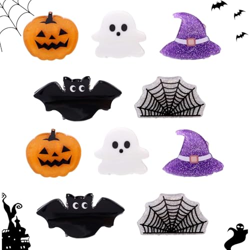 Lyreh 10pcs Mini Halloween Hair Claw Clips - Pumpkin Ghost Bat Spider Web Wizard Hat