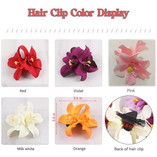 HONGCAUP Tropical Orchid Hair Clips Set - 5 Colors, Bohemian Beach Wedding Accessories