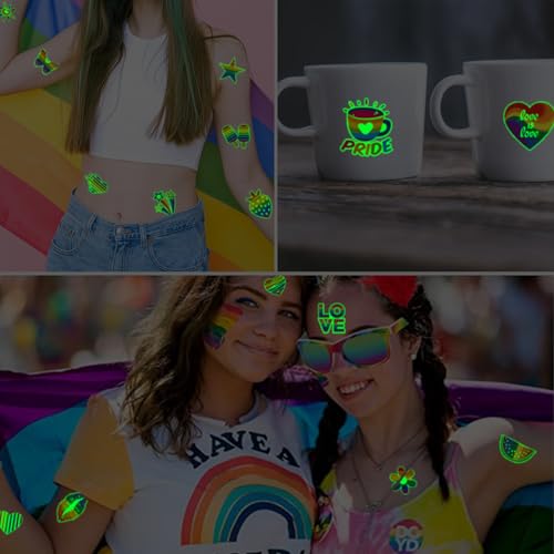CHARLENT Glow in The Dark Rainbow Temporary Tattoos - Waterproof & Easy to Remove, 74 Styles for Pride & Parties