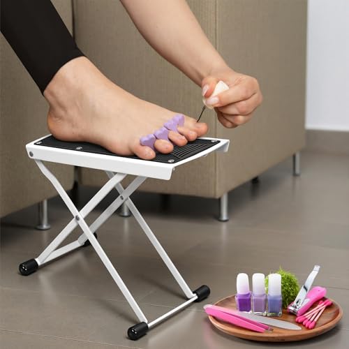 Neotidy Adjustable Pedicure Foot Rest, Foldable Non-Slip Metal Stool - White
