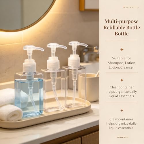 Refillable 100ml Transparent PETG Pump Bottles Set for Shampoo, Shower Gel & Lotion – 3-Pack