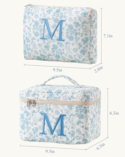 Personalized HBselect Blueflower Makeup Bag Set - 2Pcs Quilted Cosmetic Organizer