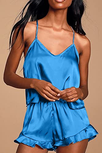 CHYRII Women's Silk Satin Ruffled Pajama Set - Cami & Shorts, Small, Teal