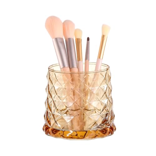 DASITON Glass Makeup Brush Holder, Amber Diamond Pattern Vanity Organizer