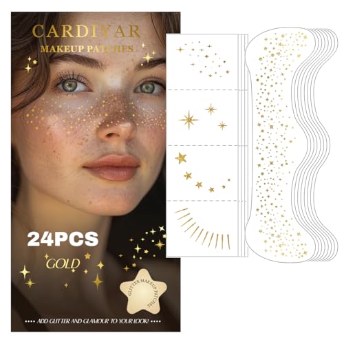 Glitter Freckles, 24PCS Glitter Freckles Face Tattoo, Sparkle Freckles for Women, Waterproof Gold Temporary Face Tattoos Glitter Glow Up Patches Makeup Patches Mardi Gras Festival (Gold)