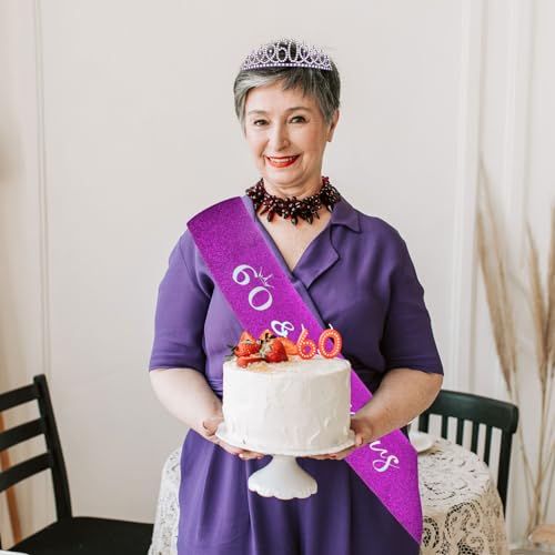 Semato Purple 60th Birthday Tiara and Sash Kit - Purple Crown & Glitter Gold Sash for Women