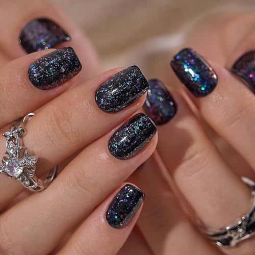 CurvLife Midnight Prism Black Short Square Glitter Press On Nails