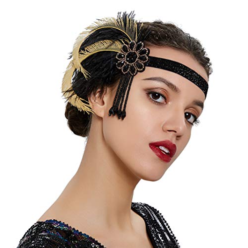 B-yellow Roaring 20s Great Gatsby Flapper Headband with Feather – Women’s Art Deco Hair Accessory