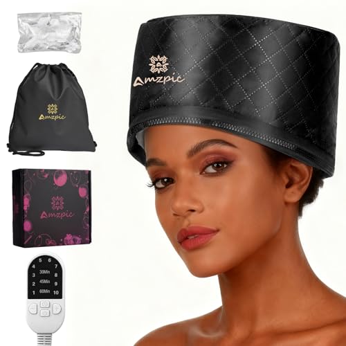 Amzpic Black Thermal Heat Cap for Deep Conditioning - Electric Hair Steamer with 10-Level Temperature Control