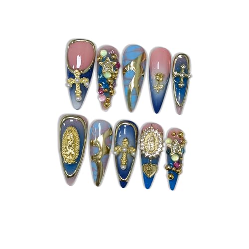 Hantyer Vintage Press On Nails Kit Size L with Blue Marble & Charms - Reusable Long Stiletto