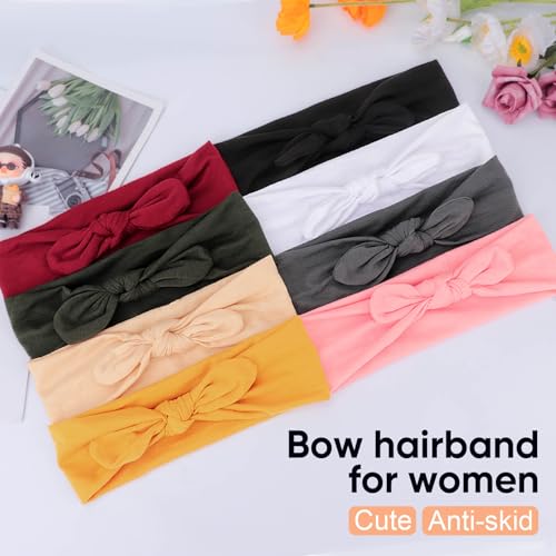 DRESHOW 8 Pack Women's Bow Knotted Rabbit Ears Headbands - Non-Slip Elastic Hair Wraps for Sport & Fashion
