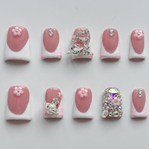 Luxury Medium Almond Press on Nails - French Tip with Flower & Rhinestones