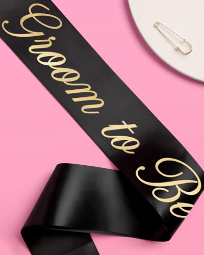 Bride and Groom Sash Set - Black & White Satin with Gold Foil