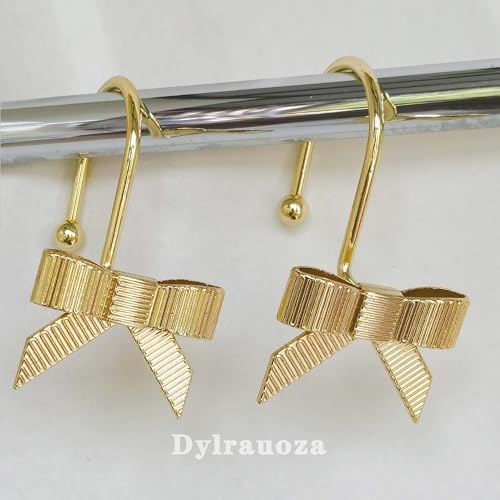 Gold Bow Shower Curtain Hooks - 12 Pack Rust Proof Metal Rings