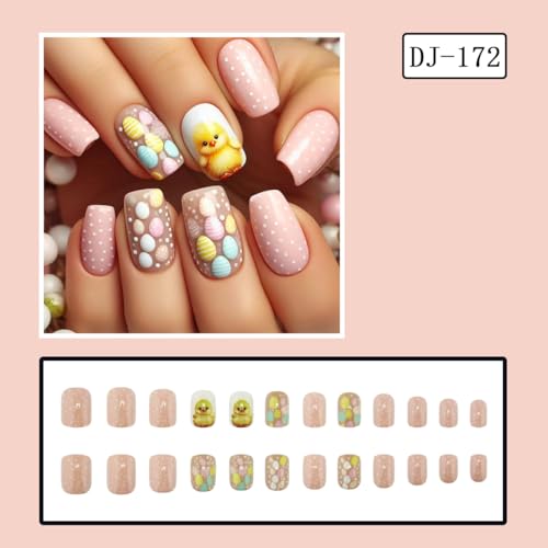 Easter Style 03 Short Press On Nails 24pcs Pink Easter Egg & Duck Design for Women & Girls