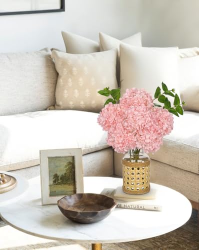 Pink Hydrangea Artificial Flowers in Woven Glass Vase - 12.5" Centerpiece